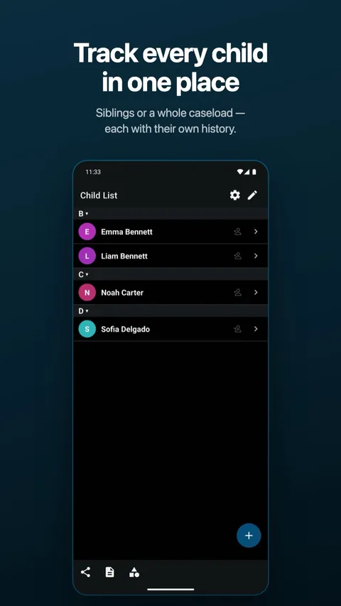 The child list, with each child’s records kept separate — on Android