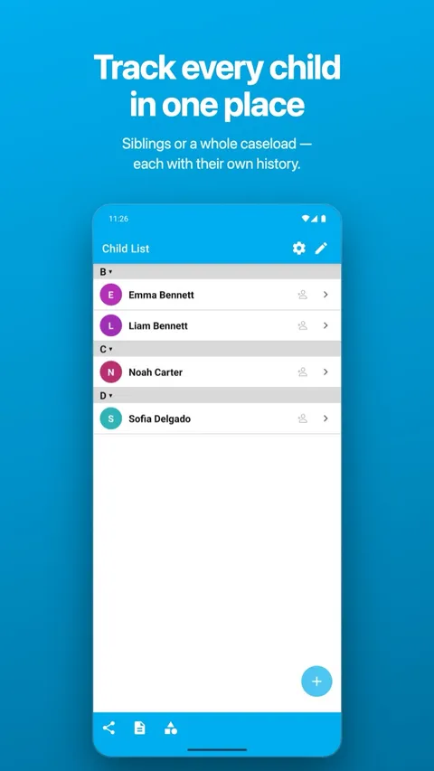 The child list, with each child’s records kept separate — on Android