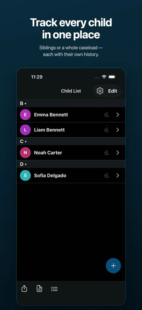 The child list, with each child’s records kept separate — on iPhone