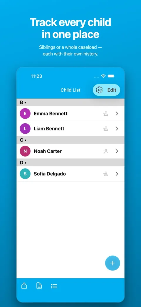 The child list, with each child’s records kept separate — on iPhone