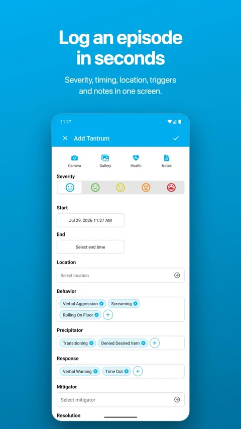 Logging an incident: behavior, severity, location, and what helped — on Android