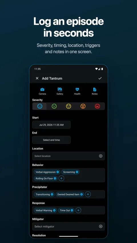 Logging an incident: behavior, severity, location, and what helped — on Android