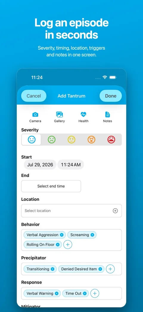 Logging an incident: behavior, severity, location, and what helped — on iPhone