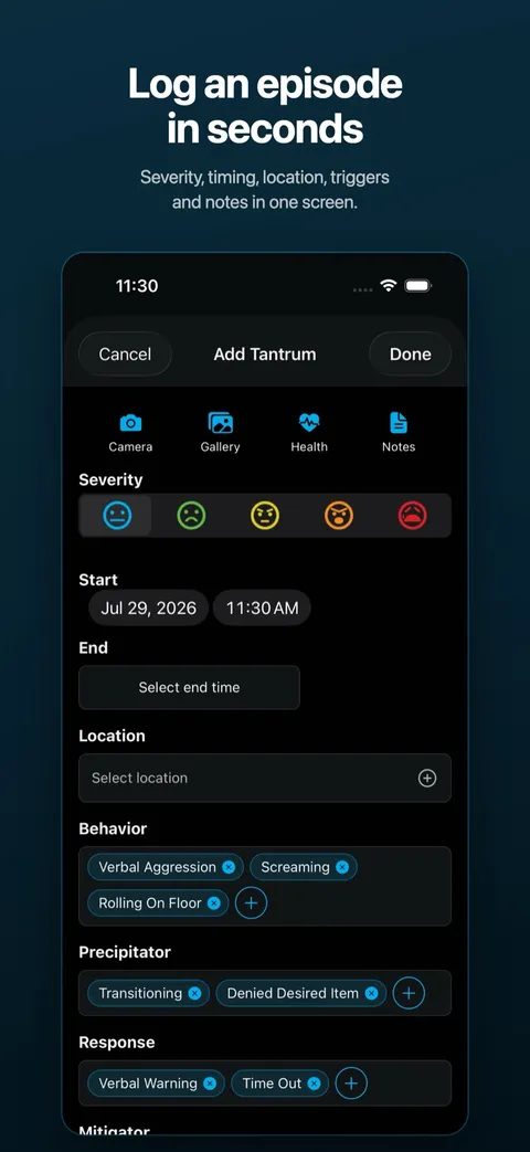 Logging an incident: behavior, severity, location, and what helped — on iPhone