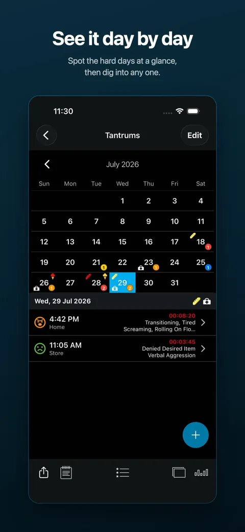 The calendar view, showing incident counts day by day — on iPhone