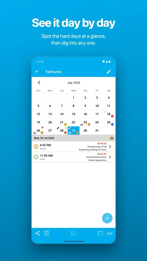 The calendar view, showing incident counts day by day — on Android