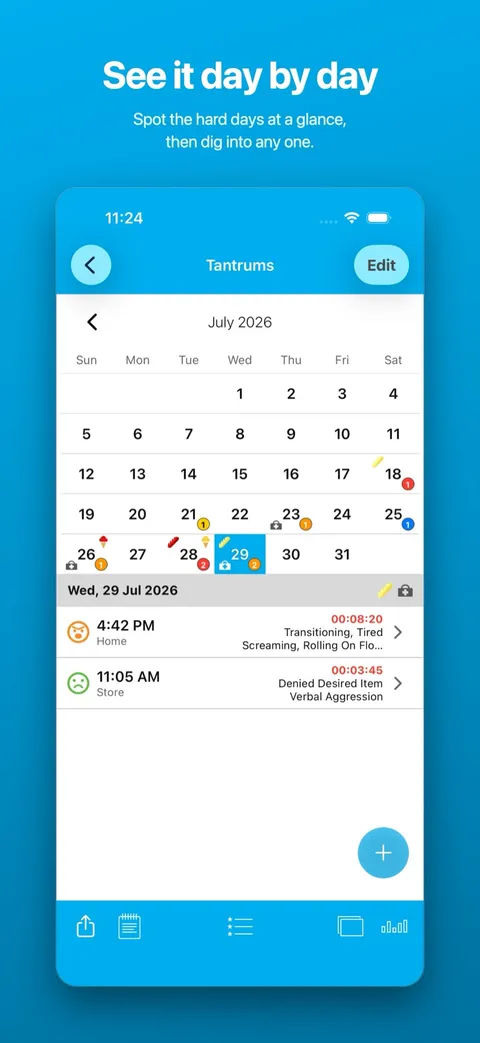 The calendar view, showing incident counts day by day — on iPhone