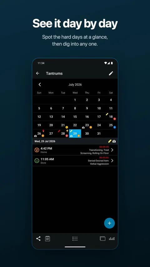The calendar view, showing incident counts day by day — on Android